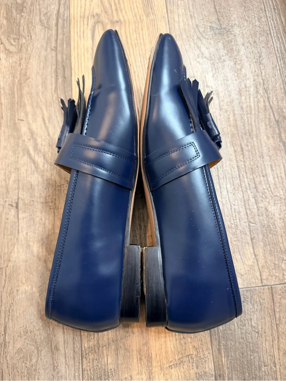 Navy Tassel Fringe Leather Slip-On Loafers